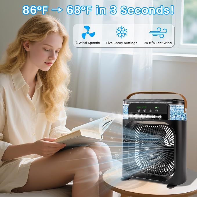 Portable Air Conditioner Fan, Mini Evaporative Air Cooler with 5 Spray Nozzles,3 Wind Speeds,3 Timers, 7 Colors LED