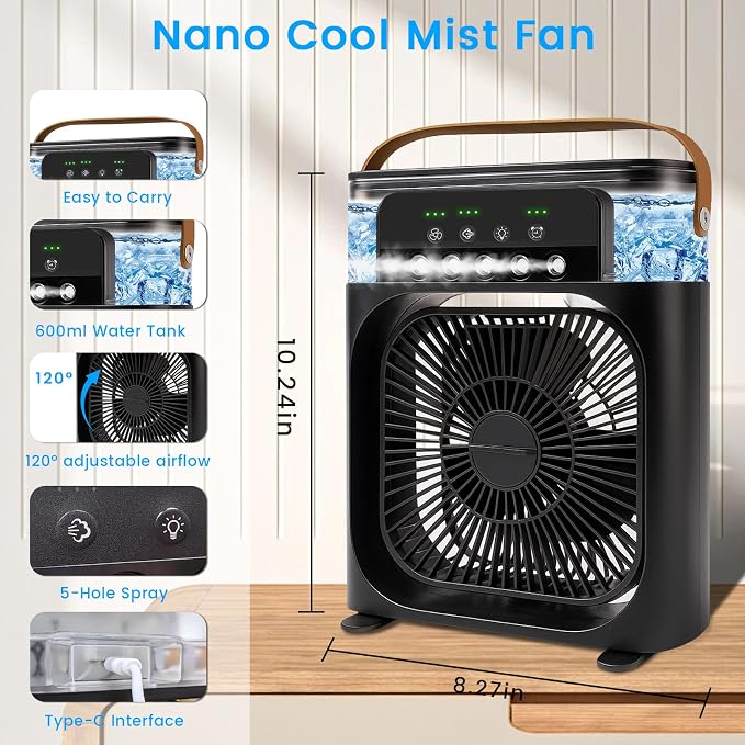 Portable Air Conditioner Fan, Mini Evaporative Air Cooler with 5 Spray Nozzles,3 Wind Speeds,3 Timers, 7 Colors LED
