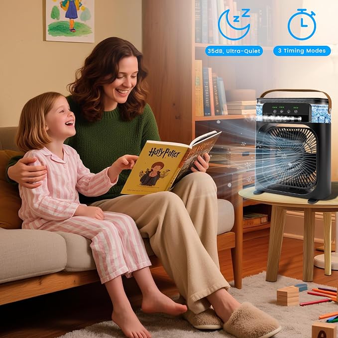Portable Air Conditioner Fan, Mini Evaporative Air Cooler with 5 Spray Nozzles,3 Wind Speeds,3 Timers, 7 Colors LED