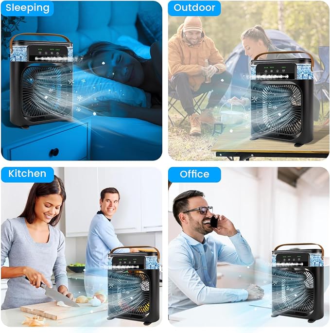 Portable Air Conditioner Fan, Mini Evaporative Air Cooler with 5 Spray Nozzles,3 Wind Speeds,3 Timers, 7 Colors LED