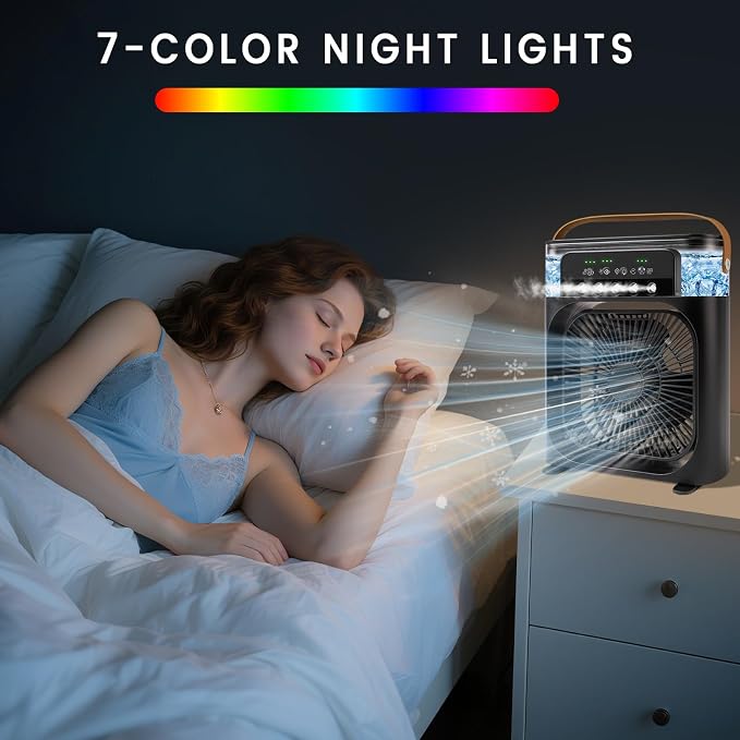 Portable Air Conditioner Fan, Mini Evaporative Air Cooler with 5 Spray Nozzles,3 Wind Speeds,3 Timers, 7 Colors LED
