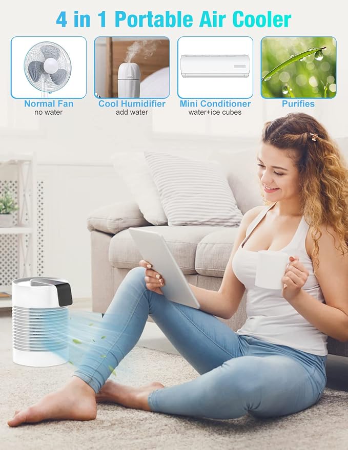 Portable Air Conditioner Fan, Portable AC & Humidifier with 3-Speed, AC Unit 360° Auto Oscillation Mini Air Conditioner