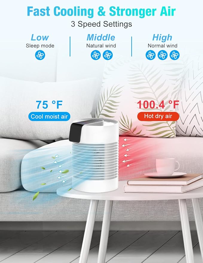 Portable Air Conditioner Fan, Portable AC & Humidifier with 3-Speed, AC Unit 360° Auto Oscillation Mini Air Conditioner