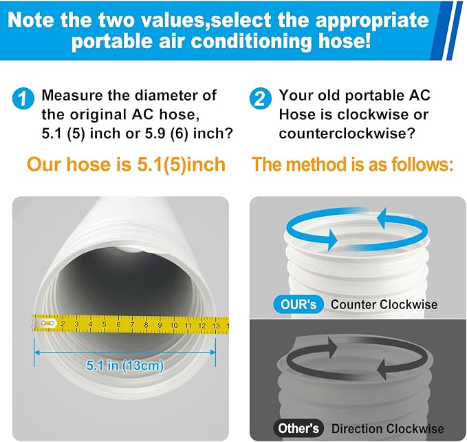 Portable Air Conditioner Hose 5.1 Inch Diameter,Portable AC Hose Exhaust Vent With Anti-Clockwise Thread Length up to 80