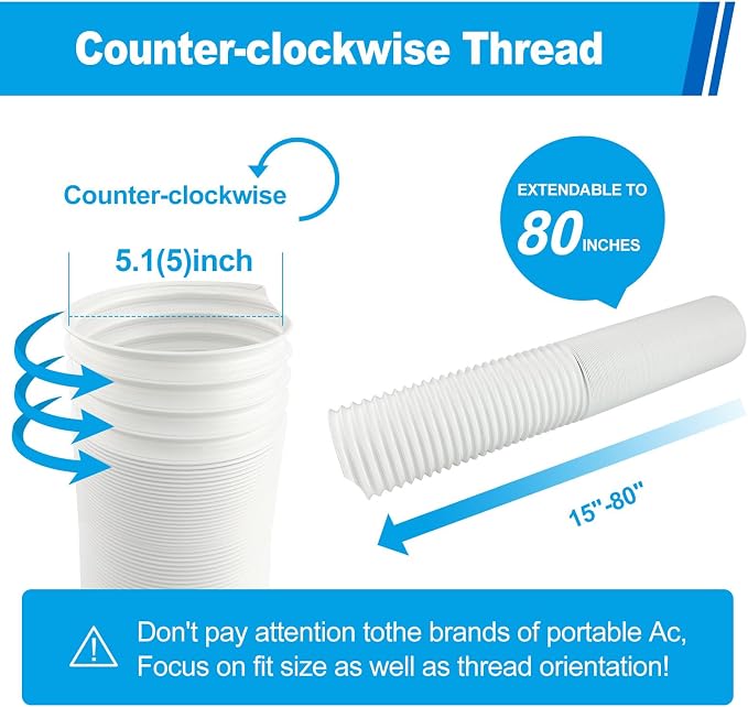 Portable Air Conditioner Hose 5.1 Inch Diameter,Portable AC Hose Exhaust Vent With Anti-Clockwise Thread Length up to 80