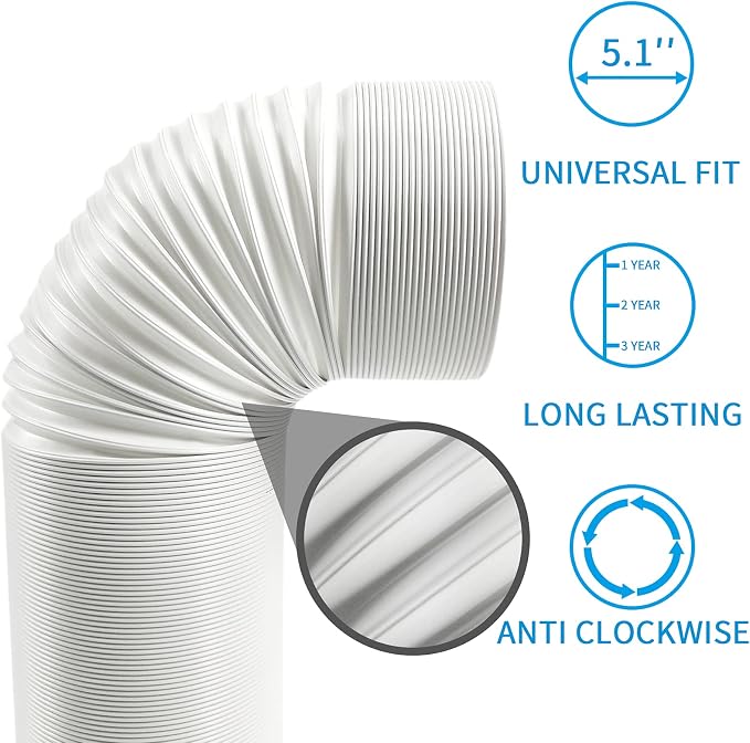 Portable Air Conditioner Hose 5.1 Inch Diameter,Portable AC Hose Exhaust Vent With Anti-Clockwise Thread Length up to 80