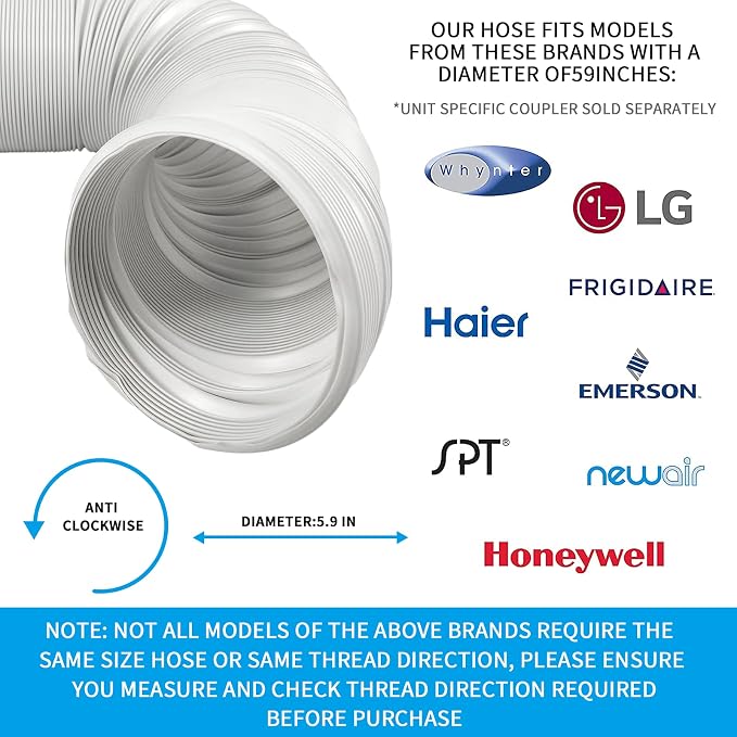 Portable Air Conditioner Hose 5.1 Inch Diameter,Portable AC Hose Exhaust Vent With Anti-Clockwise Thread Length up to 80