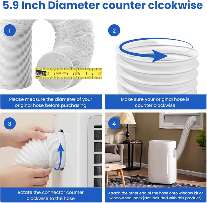 Portable Air Conditioner Hose, 5.9" Diameter Anti-Clockwise Thread With Length up to 80", Universal Replacement AC Exhaust
