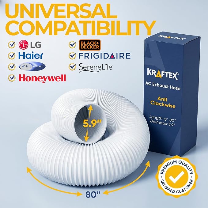 Portable Air Conditioner Hose. AC Exhaust Hose Vent with 5.9" Diameter, Anti-Clockwise Thread & Length up to 80". Portable AC