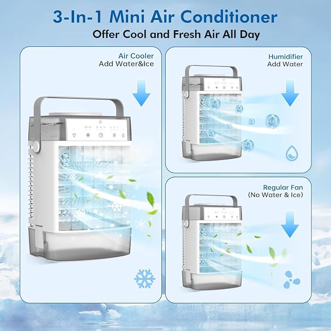 Portable Air Conditioner, Personal Evaporative Air Cooler with Dual Tank, 2 Mist Modes, 3 Wind Speed, USB Powered Desk