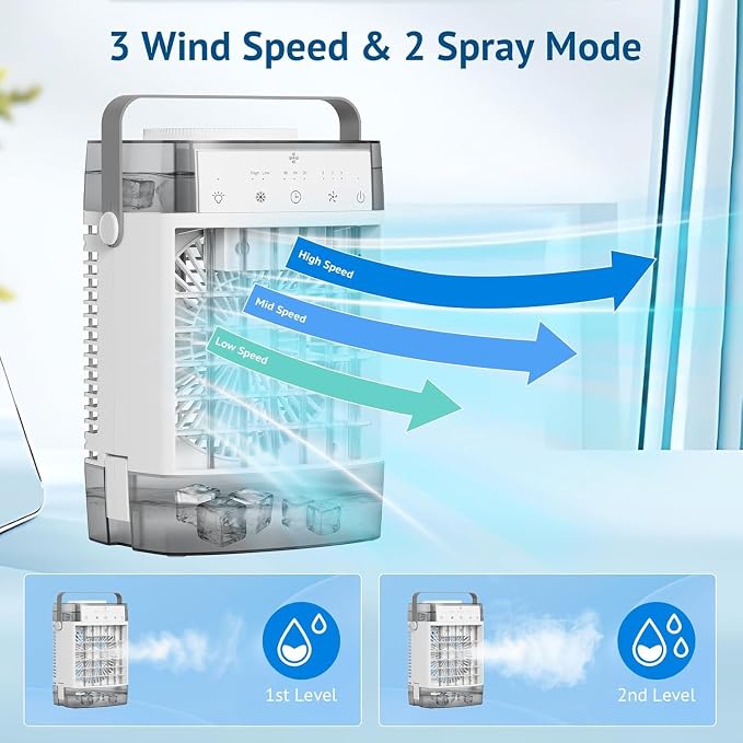 Portable Air Conditioner, Personal Evaporative Air Cooler with Dual Tank, 2 Mist Modes, 3 Wind Speed, USB Powered Desk
