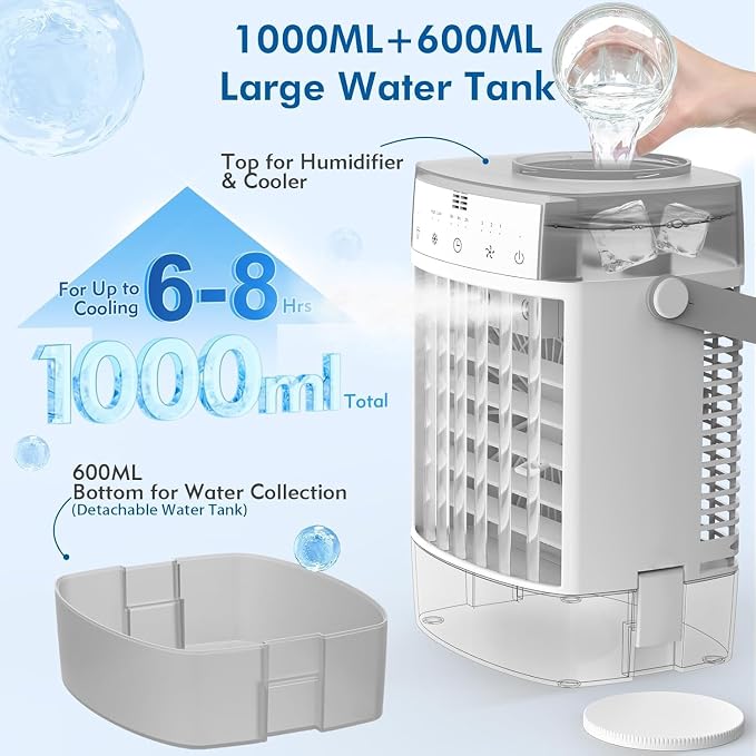 Portable Air Conditioner, Personal Evaporative Air Cooler with Dual Tank, 2 Mist Modes, 3 Wind Speed, USB Powered Desk
