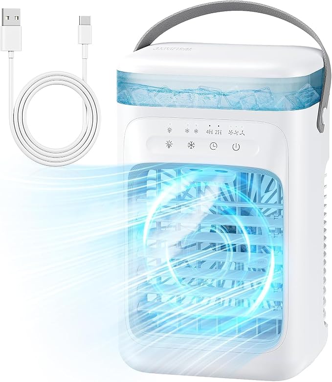Portable Air Conditioner, Personal Evaporative Cooler with 3-Speed Cooling Fan, 1L Water Tank, 2-Mist Humidifier, 7-Color LED