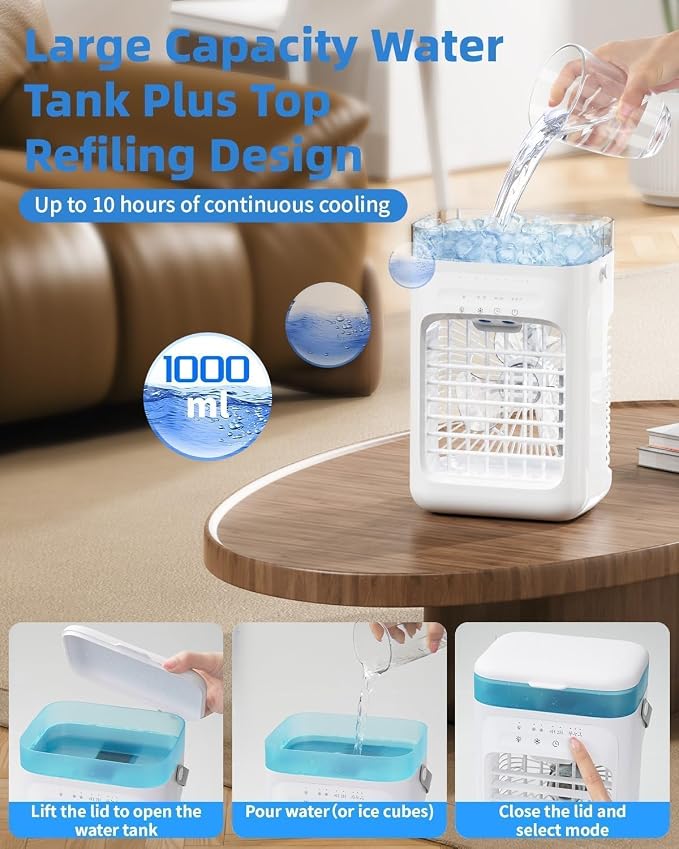 Portable Air Conditioner, Personal Evaporative Cooler with 3-Speed Cooling Fan, 1L Water Tank, 2-Mist Humidifier, 7-Color LED