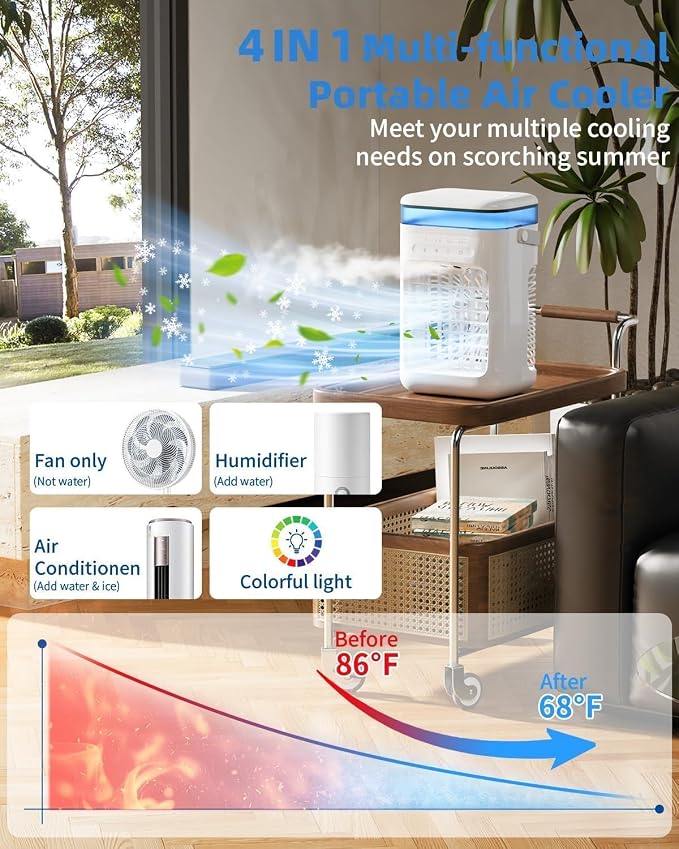 Portable Air Conditioner, Personal Evaporative Cooler with 3-Speed Cooling Fan, 1L Water Tank, 2-Mist Humidifier, 7-Color LED