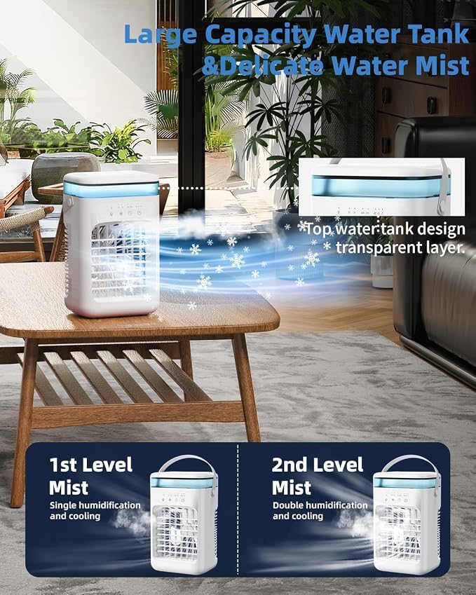 Portable Air Conditioner, Personal Evaporative Cooler with 3-Speed Cooling Fan, 1L Water Tank, 2-Mist Humidifier, 7-Color LED