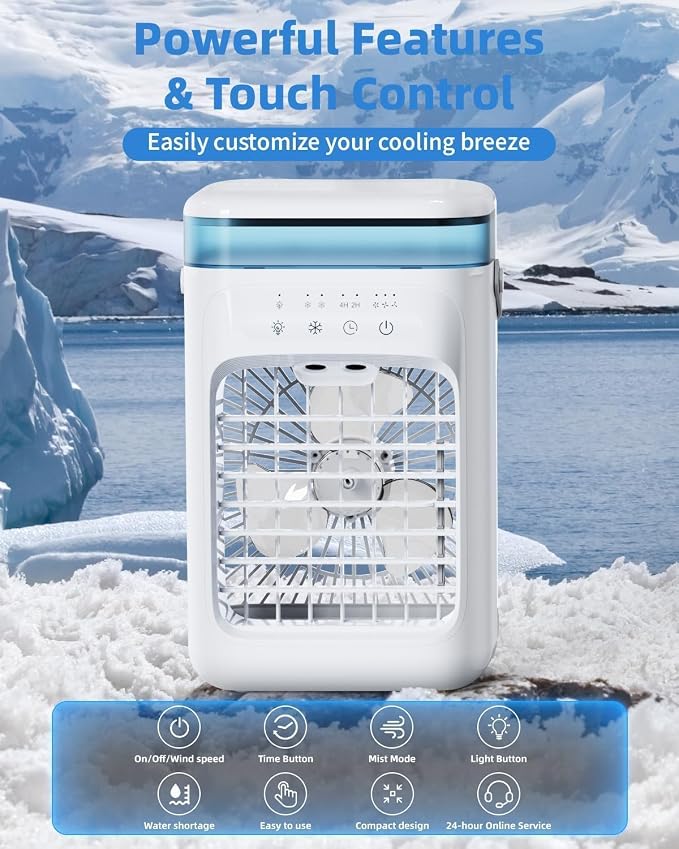 Portable Air Conditioner, Personal Evaporative Cooler with 3-Speed Cooling Fan, 1L Water Tank, 2-Mist Humidifier, 7-Color LED