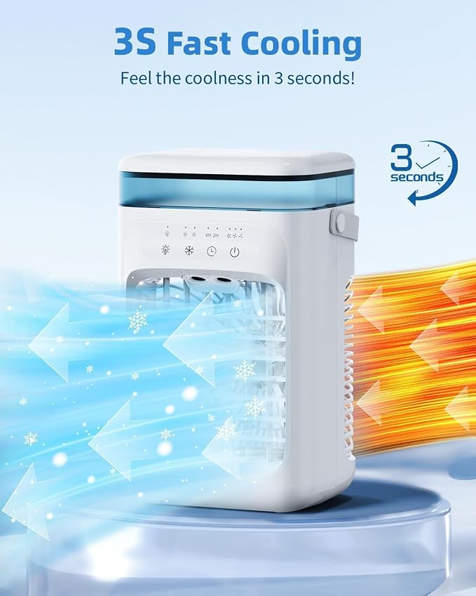 Portable Air Conditioner, Personal Evaporative Cooler with 3-Speed Cooling Fan, 1L Water Tank, 2-Mist Humidifier, 7-Color LED