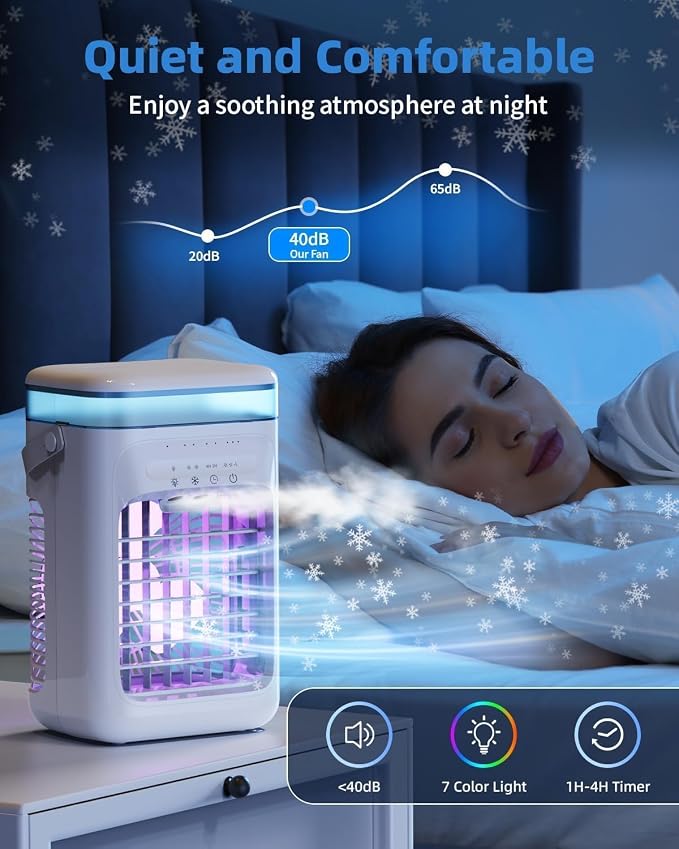 Portable Air Conditioner, Personal Evaporative Cooler with 3-Speed Cooling Fan, 1L Water Tank, 2-Mist Humidifier, 7-Color LED
