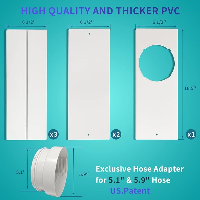 Portable Air Conditioner Sliding Door AC Vent Kit, Universal Adjustable PVC Balcony Seal Kit Plates Up to 90 Inches, for 5.1"
