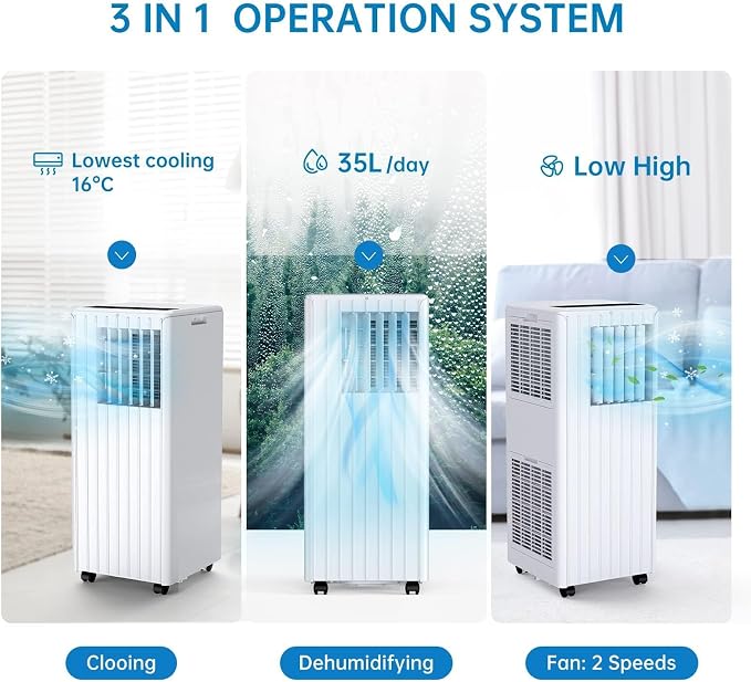 Portable Air Conditioner with 8,000 BTU Cooling Power – 3 Modes (Cool, Dehumidify, Fan) for Rooms Up to 350 Sq.Ft, Includes