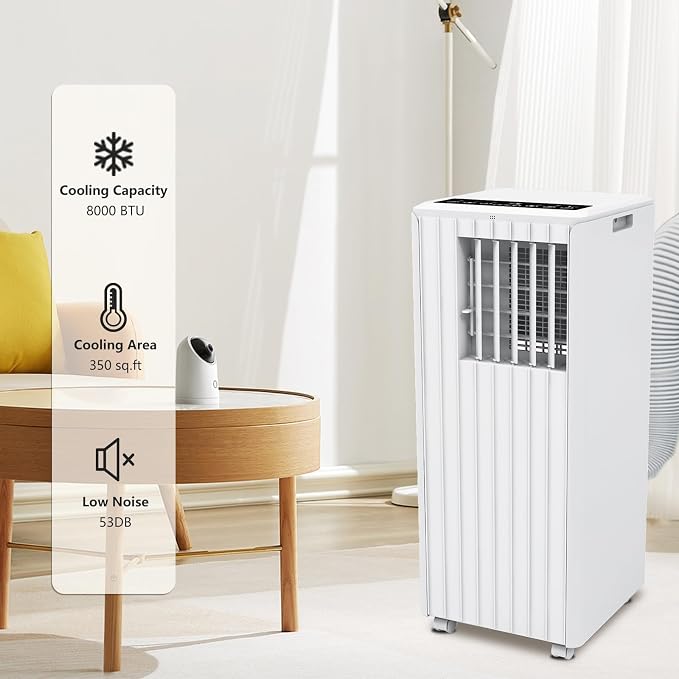 Portable Air Conditioner with 8,000 BTU Cooling Power – 3 Modes (Cool, Dehumidify, Fan) for Rooms Up to 350 Sq.Ft, Includes