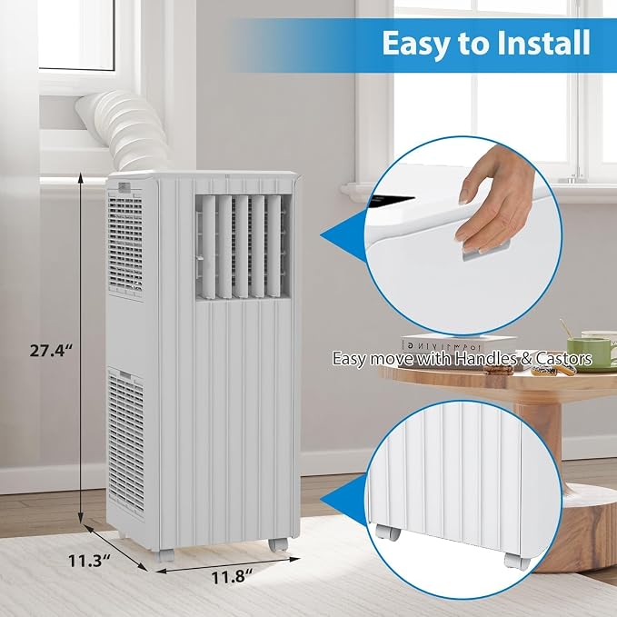 Portable Air Conditioner with 8,000 BTU Cooling Power – 3 Modes (Cool, Dehumidify, Fan) for Rooms Up to 350 Sq.Ft, Includes