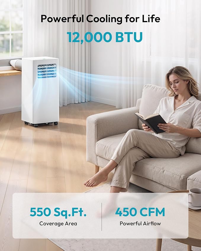 Portable Air Conditioners 12,000 BTU, 4-in-1 Portable Air Conditioner for Rooms Up to 550 Sq.Ft. with Cool, Fan