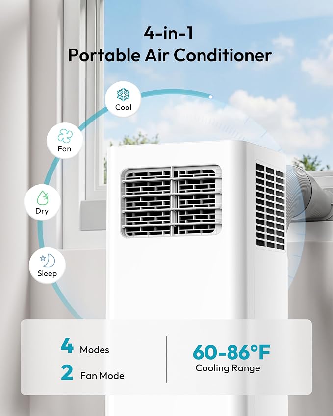 Portable Air Conditioners 12,000 BTU, 4-in-1 Portable Air Conditioner for Rooms Up to 550 Sq.Ft. with Cool, Fan
