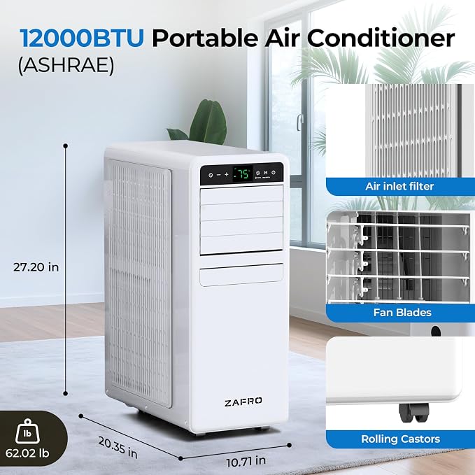 Portable Air Conditioners, 12000 BTU (8000 BTU SACC), Smart AC Unit with Drainage-free Cooling, Fan & Dehumidifier, Portable