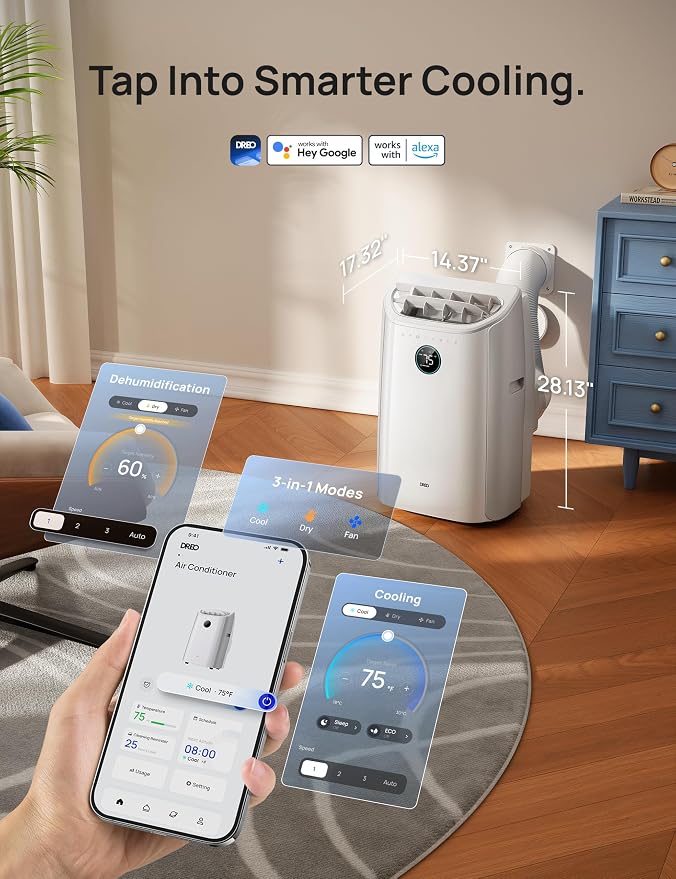 Portable Air Conditioners, 12000 BTU ASHRAE (8000 BTU DOE) Smart AC Unit for Room with Drainage-free Cooling