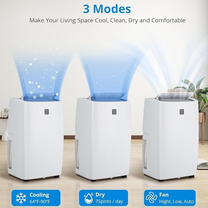 Portable Air Conditioners, 12000 BTU Portable AC for Rooms Up to 550 Sq.Ft. 3-In-1 AC with Fast Cooling, Dehumidifier & Three