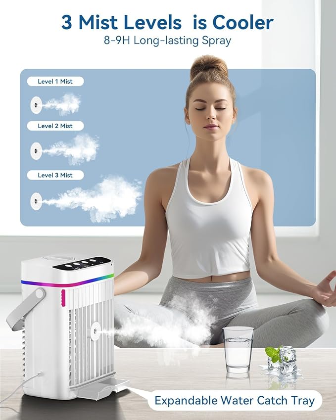 Portable Air Conditioners, 1250ml Mini Air Conditioner Portable Air Cooling Fan Air Cooler Fan with 3 Speeds & 1-3H Timer