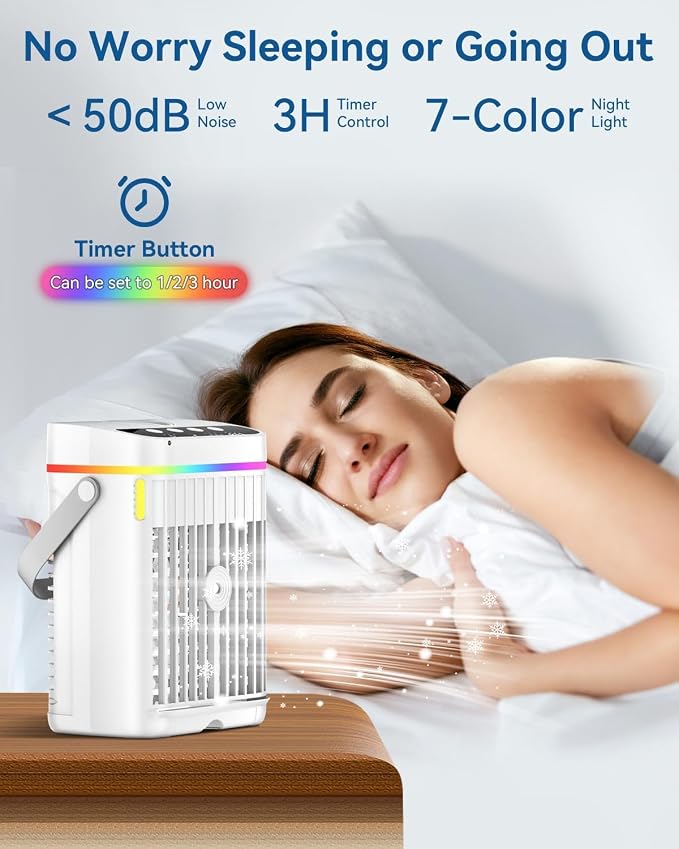 Portable Air Conditioners, 1250ml Mini Air Conditioner Portable Air Cooling Fan Air Cooler Fan with 3 Speeds & 1-3H Timer
