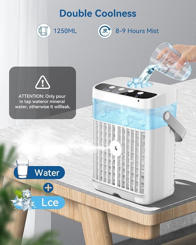Portable Air Conditioners, 1250ml Mini Air Conditioner Portable Air Cooling Fan Air Cooler Fan with 3 Speeds & 1-3H Timer