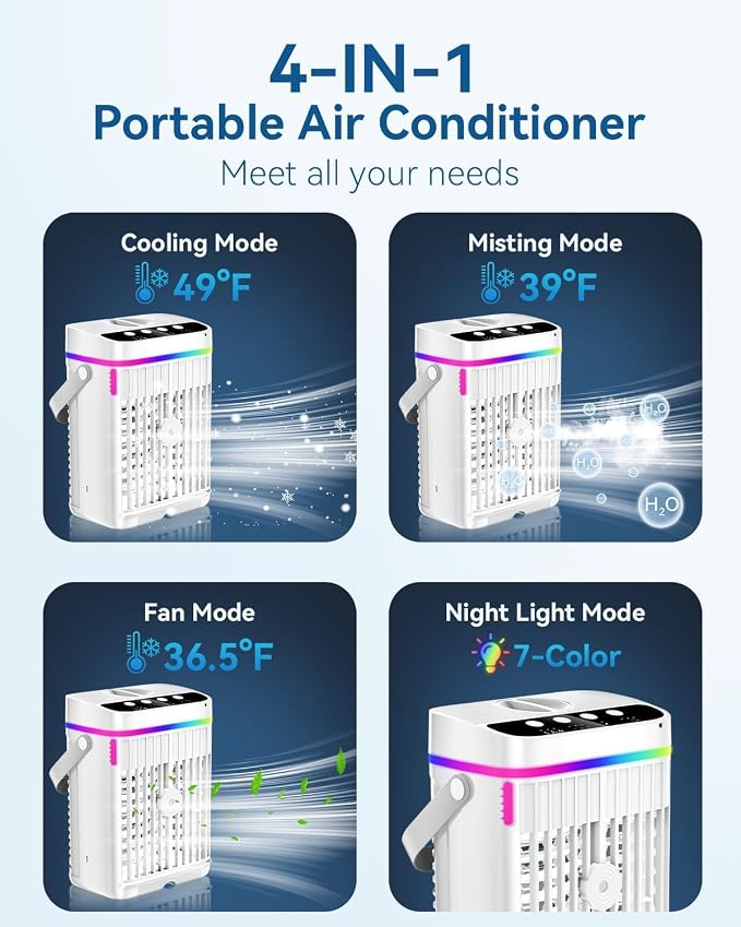Portable Air Conditioners, 1250ml Mini Air Conditioner Portable Air Cooling Fan Air Cooler Fan with 3 Speeds & 1-3H Timer
