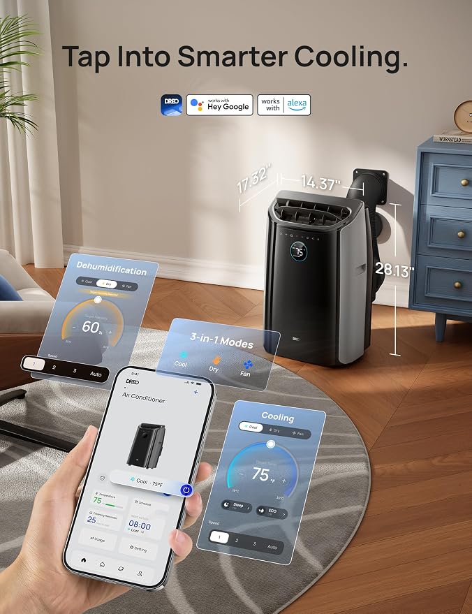 Portable Air Conditioners, 14000 BTU ASHRAE (10,000 BTU DOE) Smart AC Unit for Room with Drainage-free Cooling