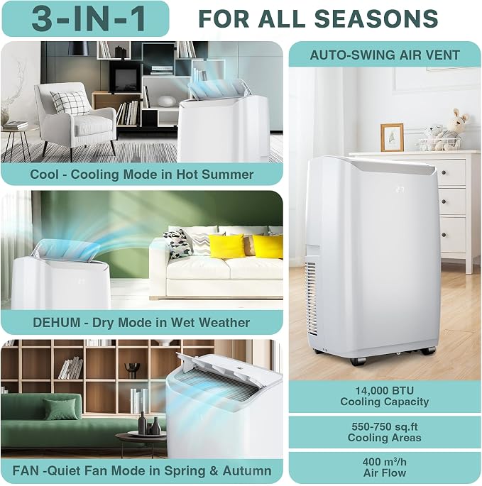 Portable Air Conditioners, 14000BTU Air Cooler with Drying, Fan, Sleep Mode,24H Timer Function, Remote Control, alternate