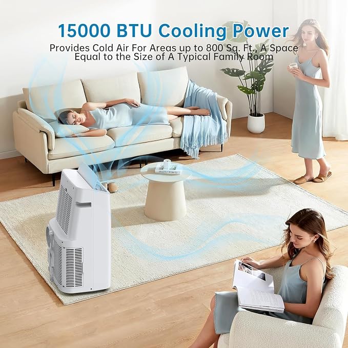 Portable Air Conditioners, 15,000 BTU Portable AC Unit up to 800 sq.ft with Fan & Dehumidifier, Remote Control, 24H, Window