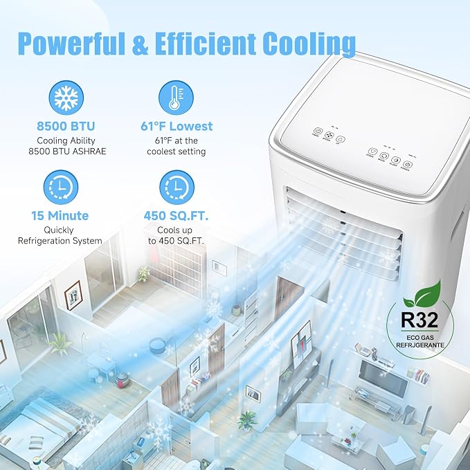 Portable Air Conditioners, 3-in-1 8500 BTU Cooling Unit with Fan & Dehumidifier for Room, Quiet Operation, Cools up to 450