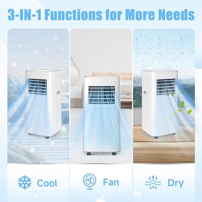Portable Air Conditioners, 3-in-1 8500 BTU Cooling Unit with Fan & Dehumidifier for Room, Quiet Operation, Cools up to 450