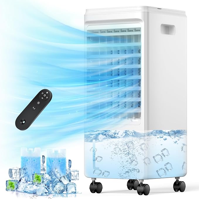 Portable Air Conditioners, 3-IN-1 Evaporative Air Cooler, Swamp Coolers w/ 3 Ice Pack, 1.85 Gal Water Tank, 4 Modes, 80°