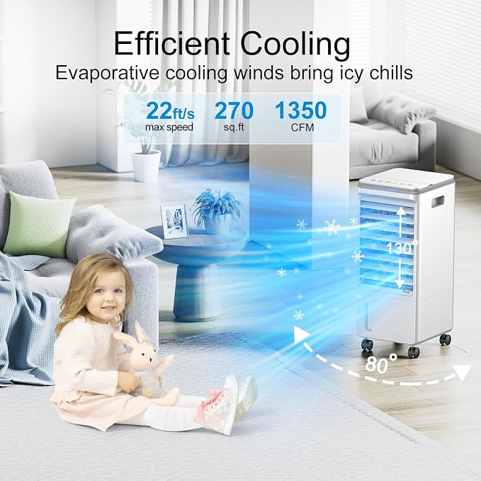Portable Air Conditioners, 3-IN-1 Evaporative Air Cooler, Swamp Coolers w/ 3 Ice Pack, 1.85 Gal Water Tank, 4 Modes, 80°