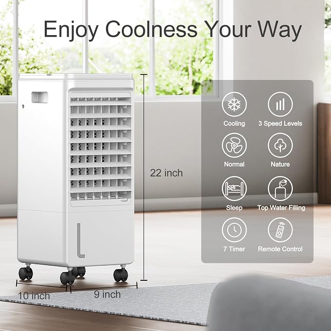 Portable Air Conditioners, 3-IN-1 Evaporative Air Cooler, Swamp Coolers w/ 3 Ice Pack, 1.85 Gal Water Tank, 4 Modes, 80°