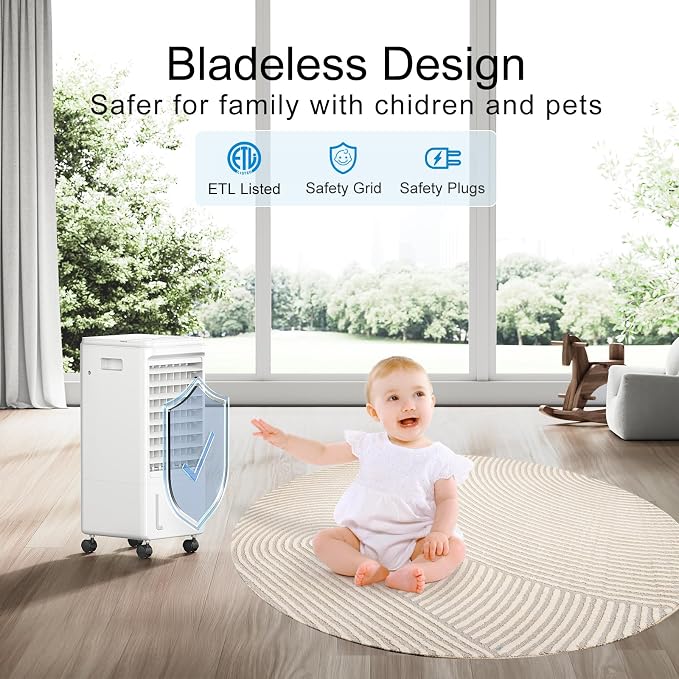 Portable Air Conditioners, 3-IN-1 Evaporative Air Cooler, Swamp Coolers w/ 3 Ice Pack, 1.85 Gal Water Tank, 4 Modes, 80°