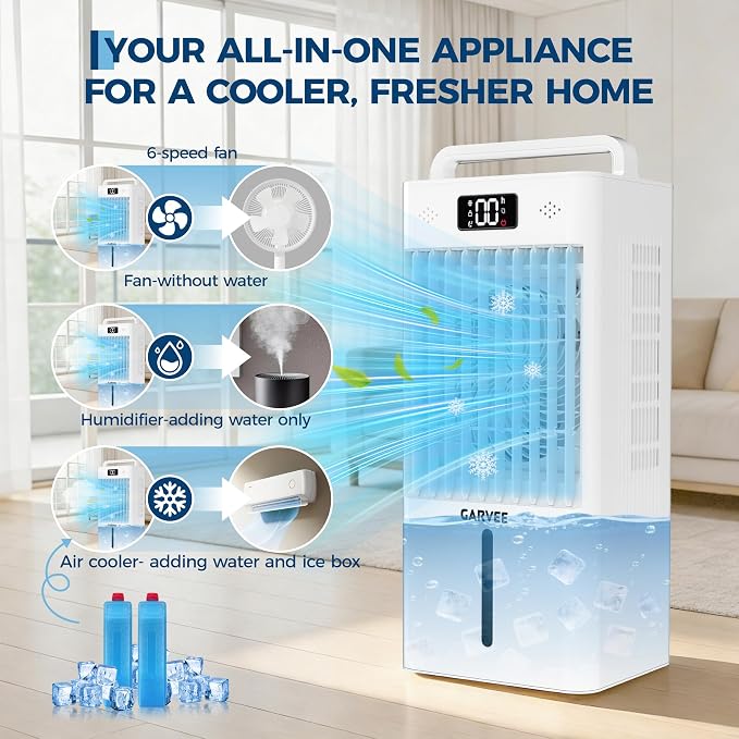 Portable Air Conditioners, 3-in-1 Evaporative Air Cooler with Touch Screen & Remote, 2.66Gal Cooling Fan, 6 Speeds & 3 Modes