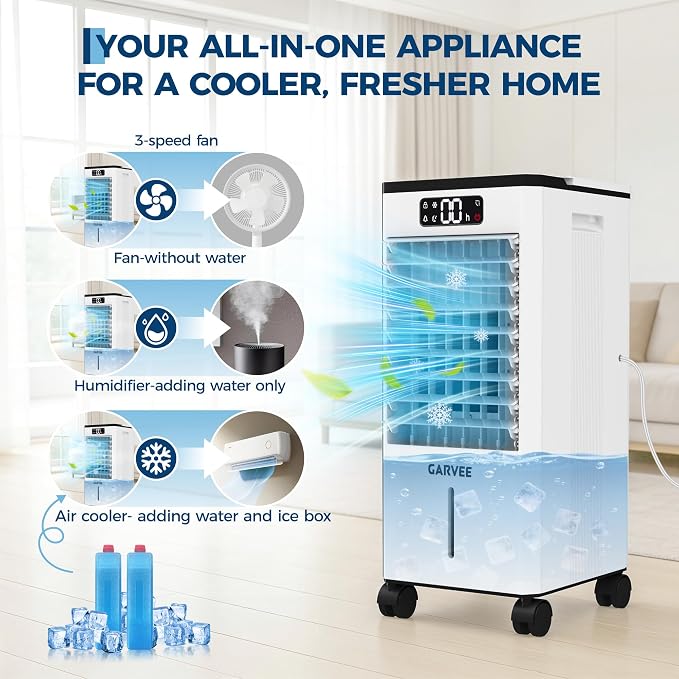 Portable Air Conditioners, 3-in-1 Evaporative Air Cooler with Touch Screen & Remote, 1.84Gal Cooling Fan, 3 Speeds & 3 Modes