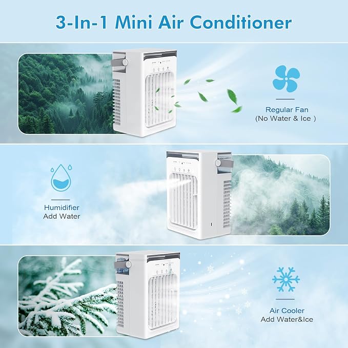 Portable Air Conditioners, 3-in-1 Portable AC Unit, Personal Mini Air Conditioner With 1000ml Water Tank, 2/4/6H Timer, USB