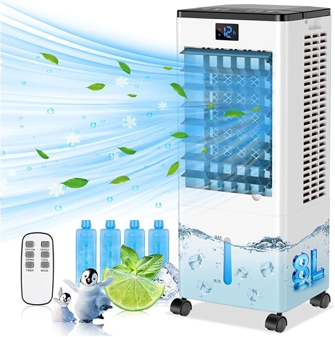 Portable Air Conditioners, 4-IN-1 Evaporative Air Cooler, Portable AC Unit w/ 4 Modes & 3 Speeds, Swamp Cooler w/ 12H Timer &