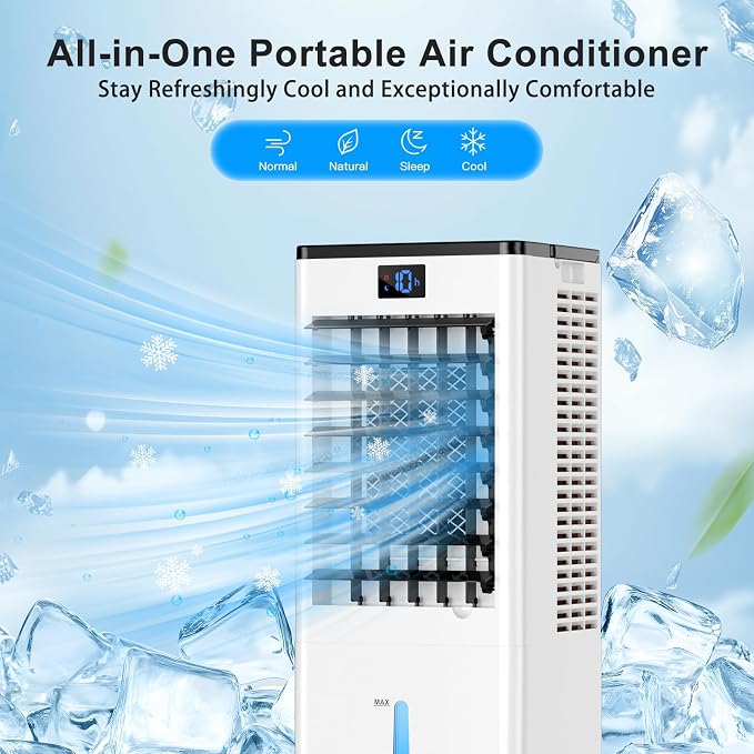 Portable Air Conditioners, 4-IN-1 Evaporative Air Cooler, Portable AC Unit w/ 4 Modes & 3 Speeds, Swamp Cooler w/ 12H Timer &